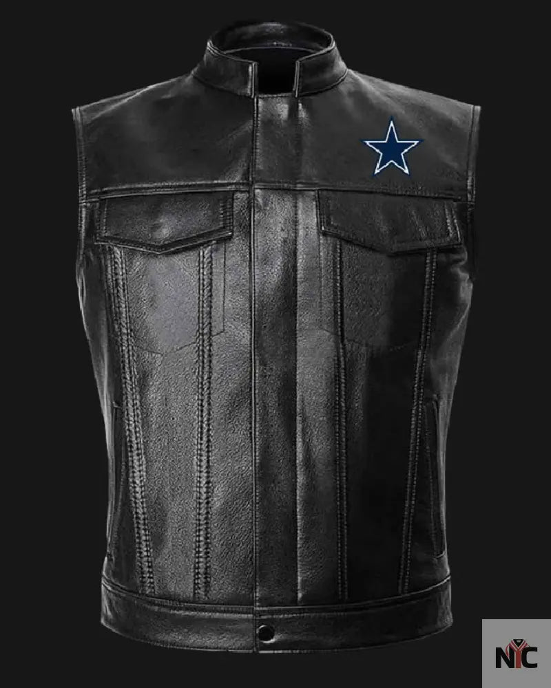NFL Team Dallas Cowboys Black Leather Vest Clanton Jacket