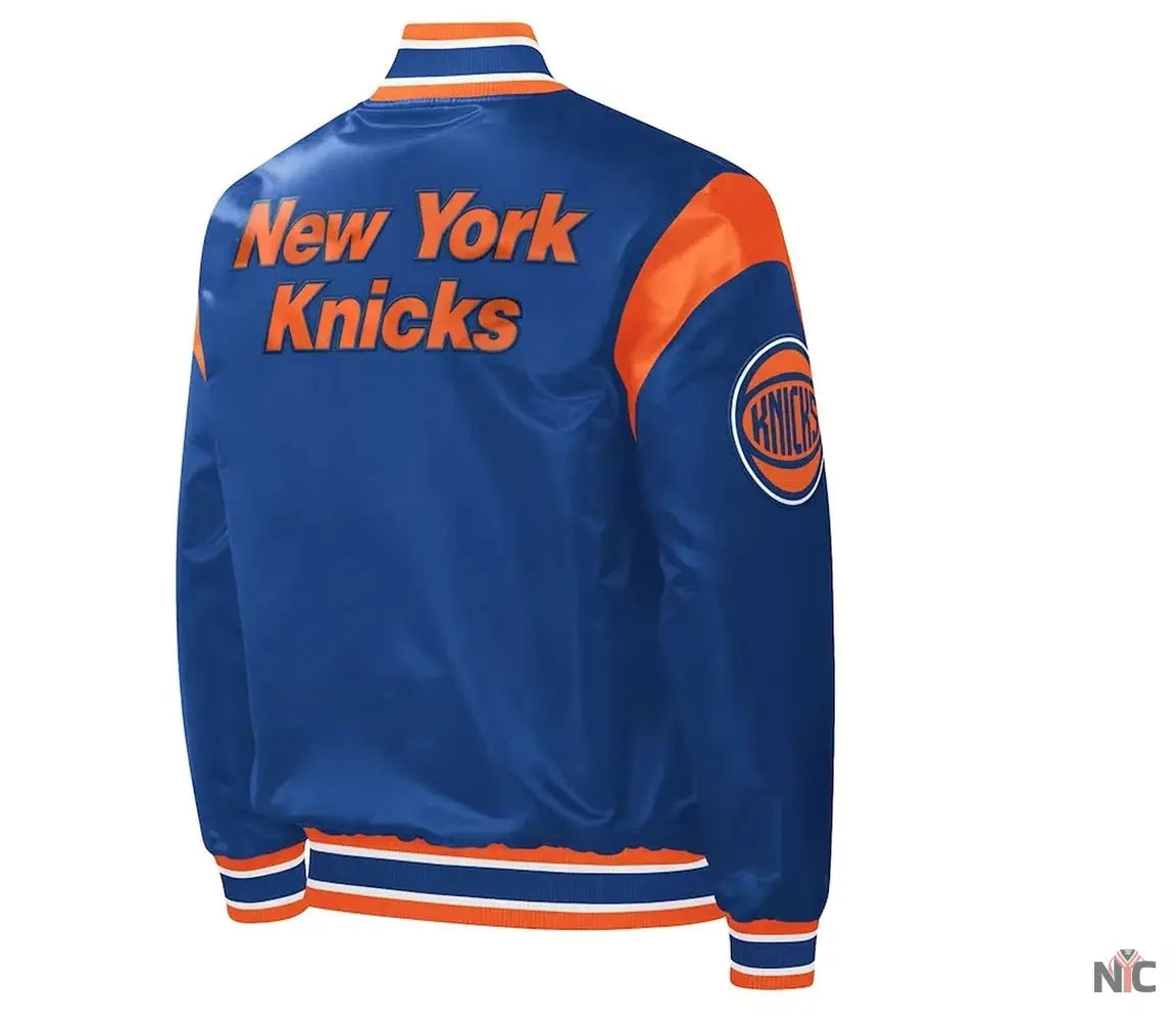 NY Knicks Force Play Varsity Blue Satin Jacket Clanton Jacket