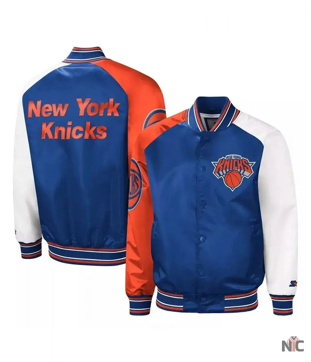 NY Knicks Reliever Raglan Royal Blue and Orange Satin Jacket Clanton Jacket