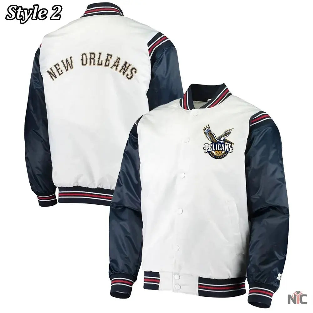 New Orleans Pelicans Renegade Varsity White Navy Jacket Clanton Jacket