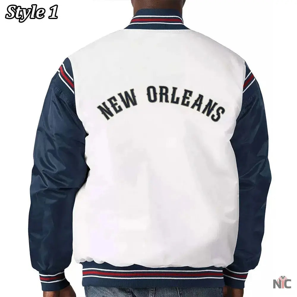 New Orleans Pelicans Renegade Varsity White Navy Jacket Clanton Jacket