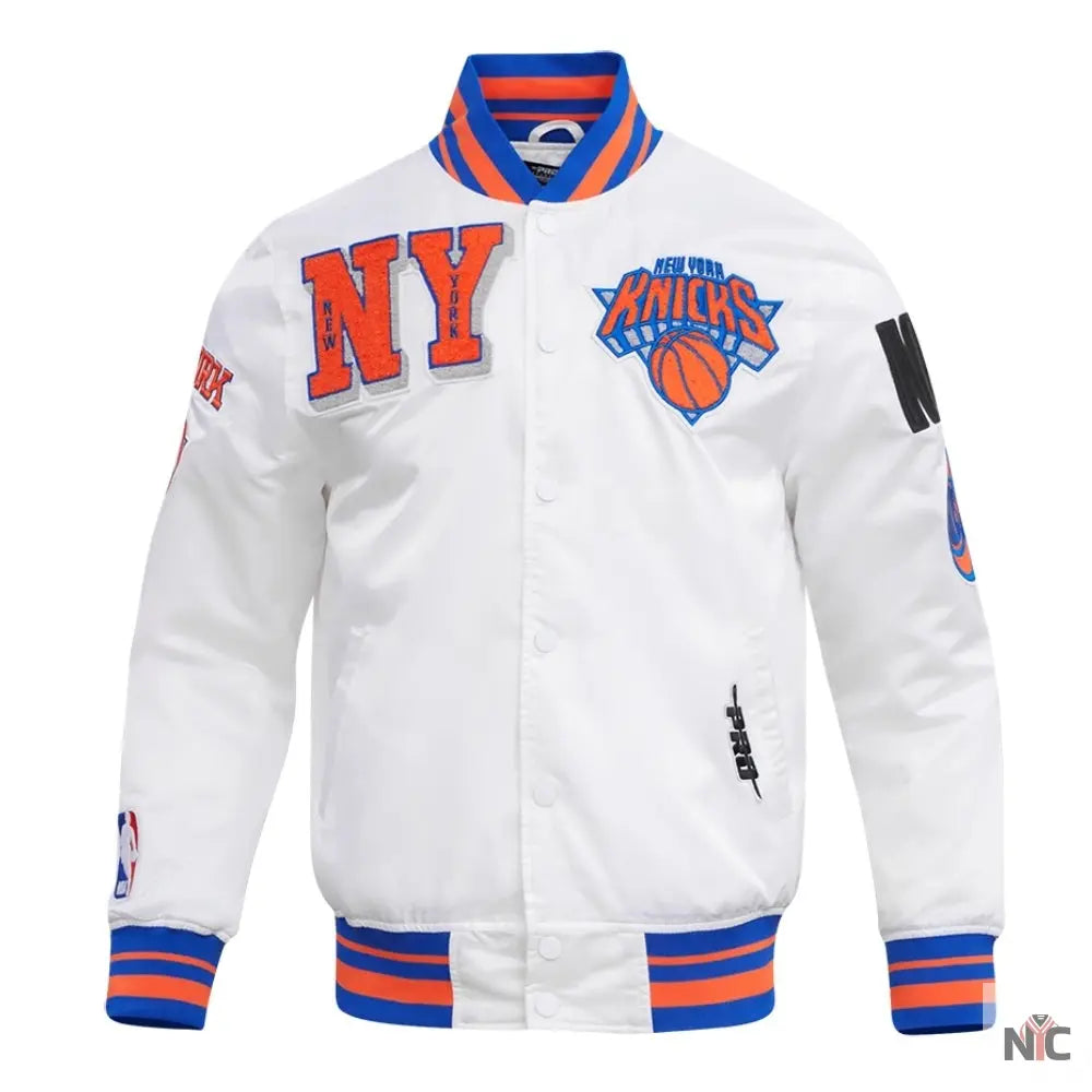 New York Knicks Mashup White Satin Varsity Jacket Clanton Jacket