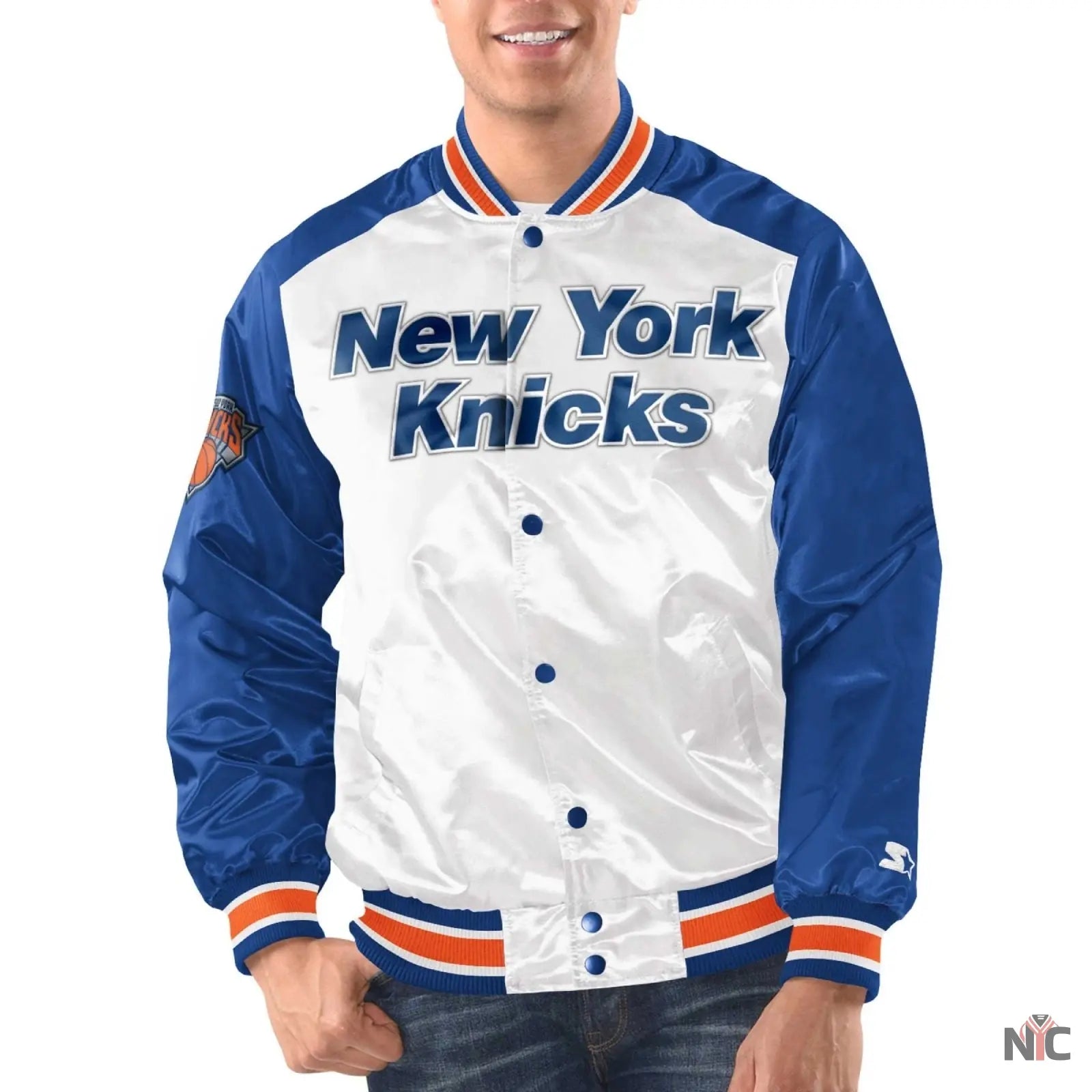 New York Knicks Renegade Satin Varsity Jacket Clanton Jacket