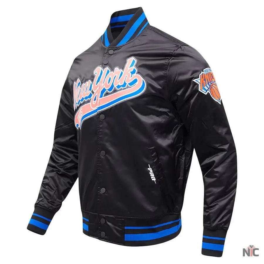 New York Knicks Script Tail Satin Varsity Jacket Clanton Jacket