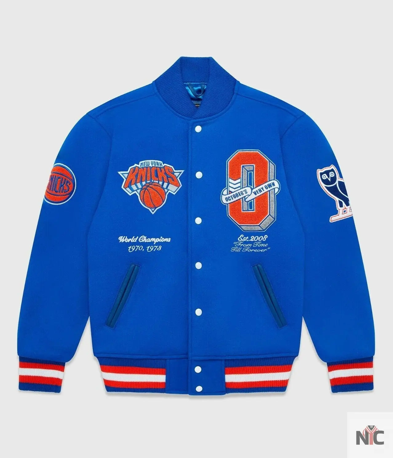 OVO x NBA New York Knicks Blue Varsity Jacket Clanton Jacket