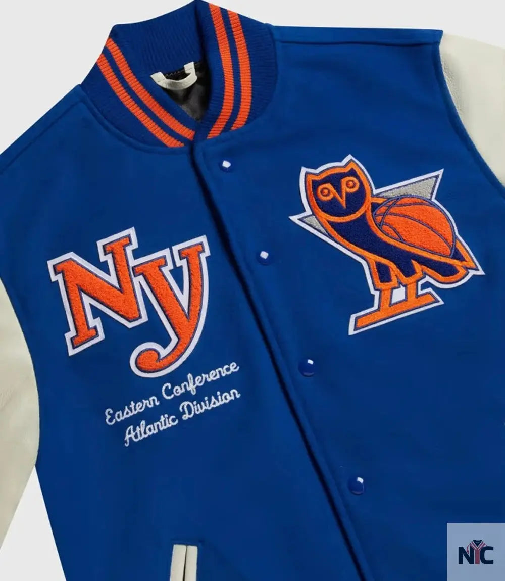 OVO x NBA New York Knicks Blue Varsity Jacket Clanton Jacket