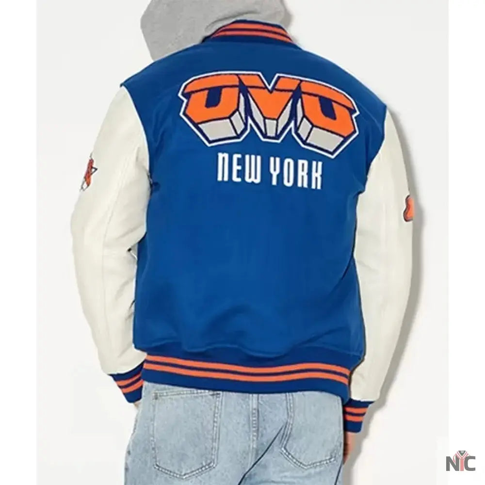 OVO x NBA New York Knicks Blue Varsity Jacket Clanton Jacket