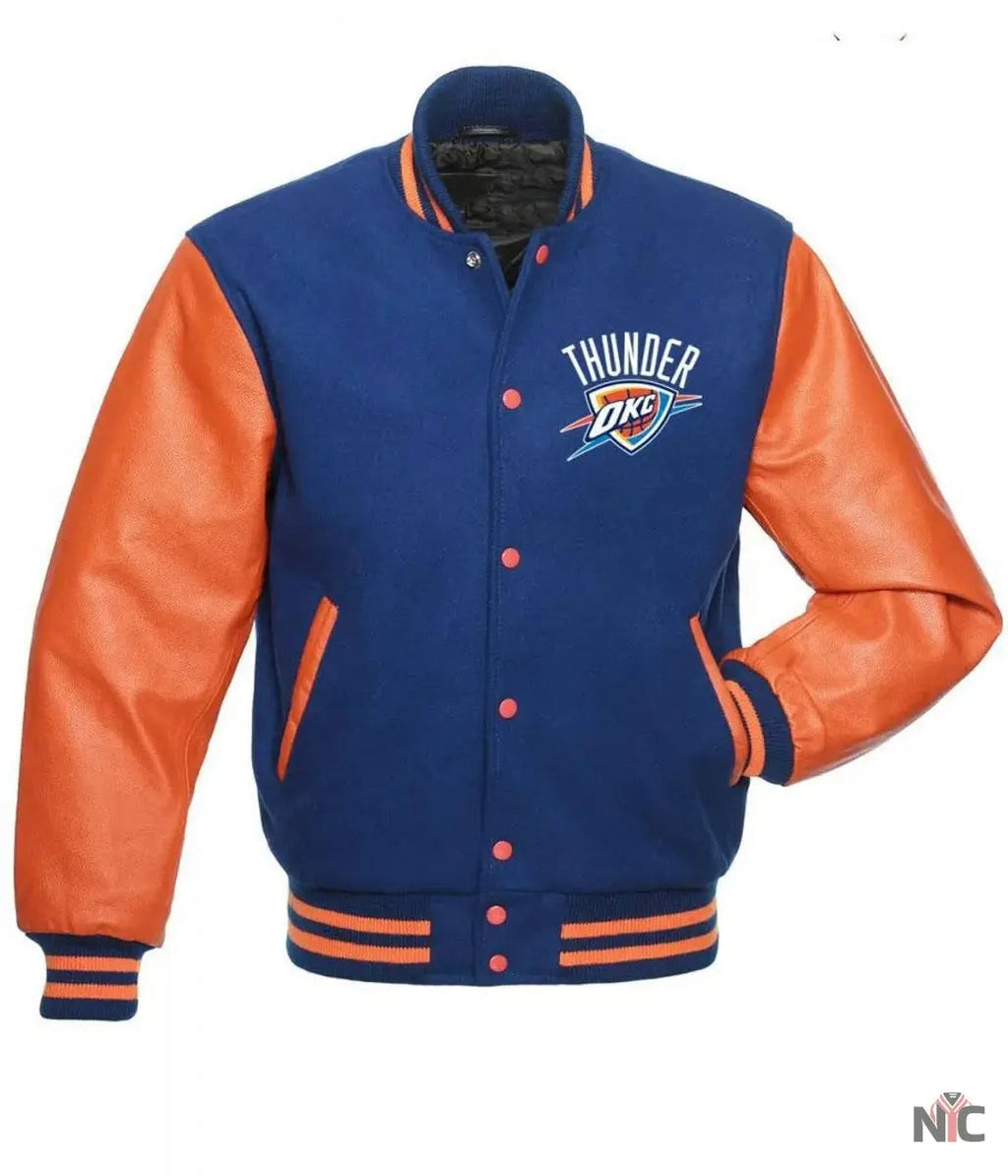 Oklahoma City Thunder Letterman Orange and Blue Jacket Clanton Jacket