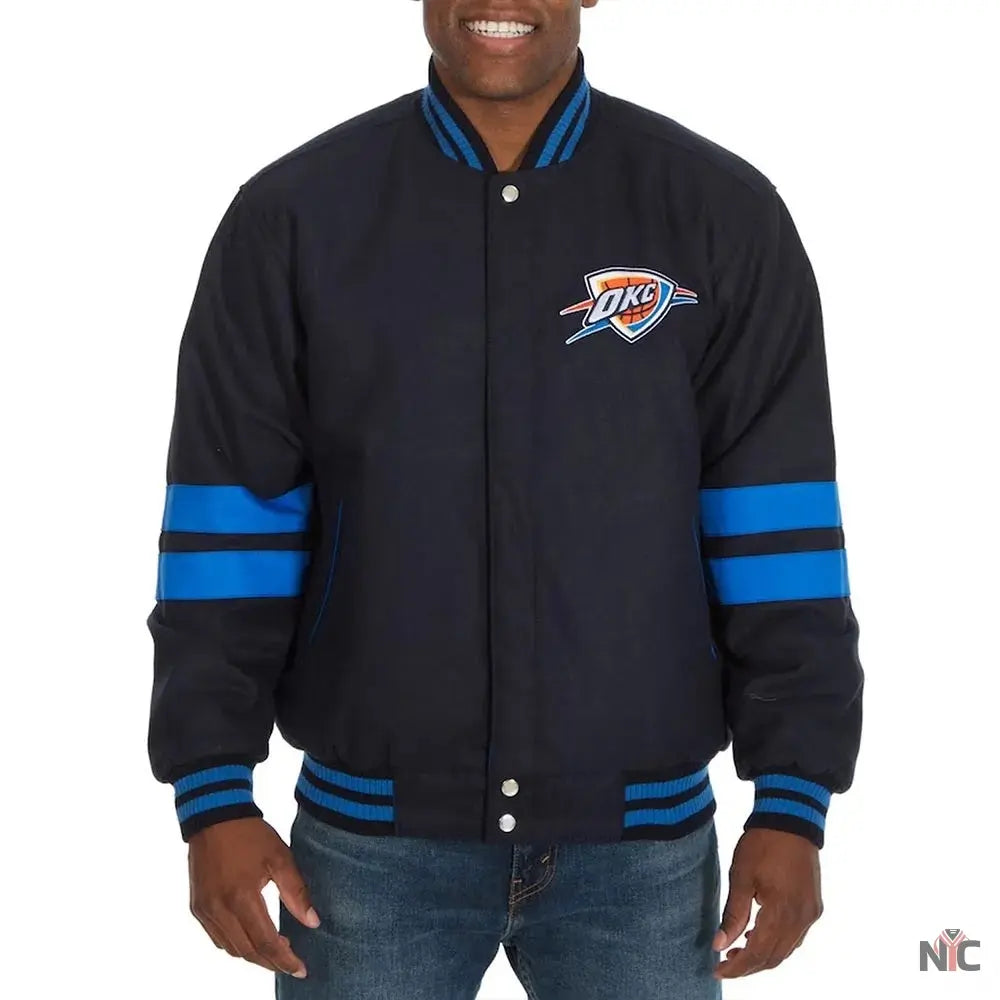 Oklahoma City Thunder Striped Varsity Navy Wool Jacket Clanton Jacket