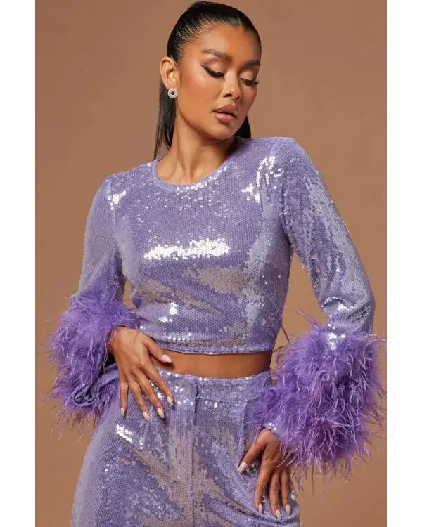 Owning Manhattan S02 Jess Markowski Purple Sequin Crop Top WorthVee