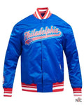 Philadelphia 76ers Script Tail Royal Satin Jacket Clanton Jacket