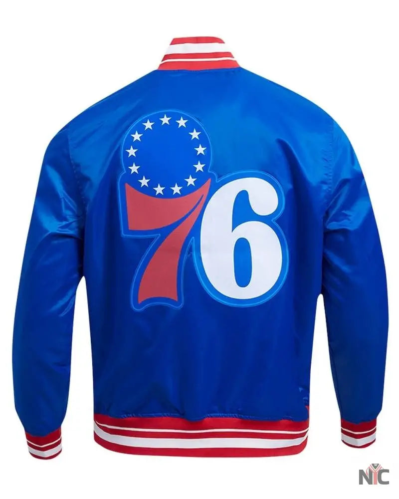 Philadelphia 76ers Script Tail Royal Satin Jacket Clanton Jacket