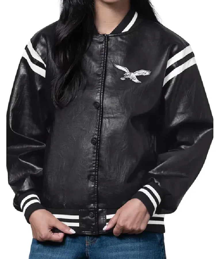 Philadelphia Eagles Black Leather Full Snap Varsity Jacket