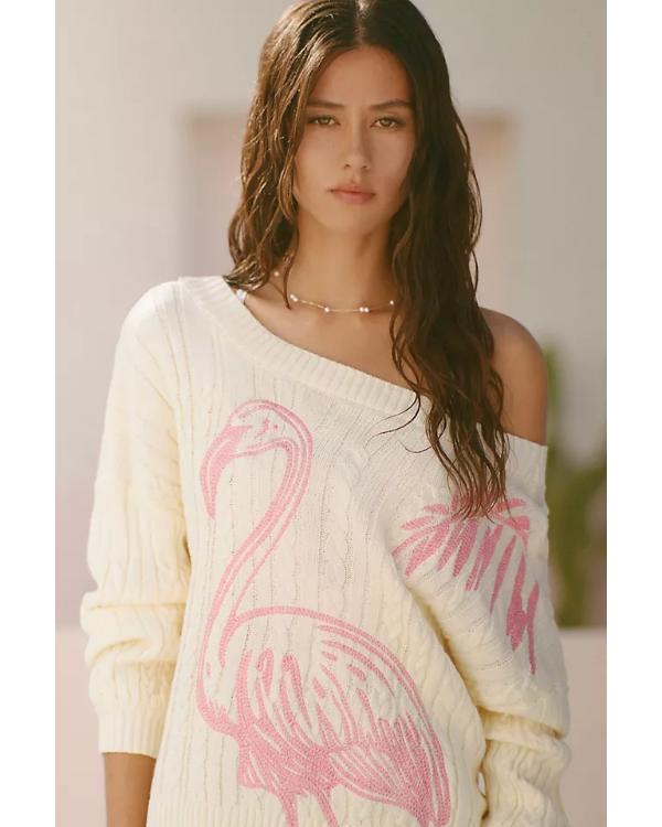 Pink Flamingo Printed Boat-Neck Sweater WorthVee