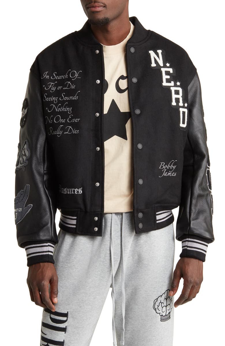 Pleasures Nerd Black Wool & Leather Varsity Jacket Clanton Jacket