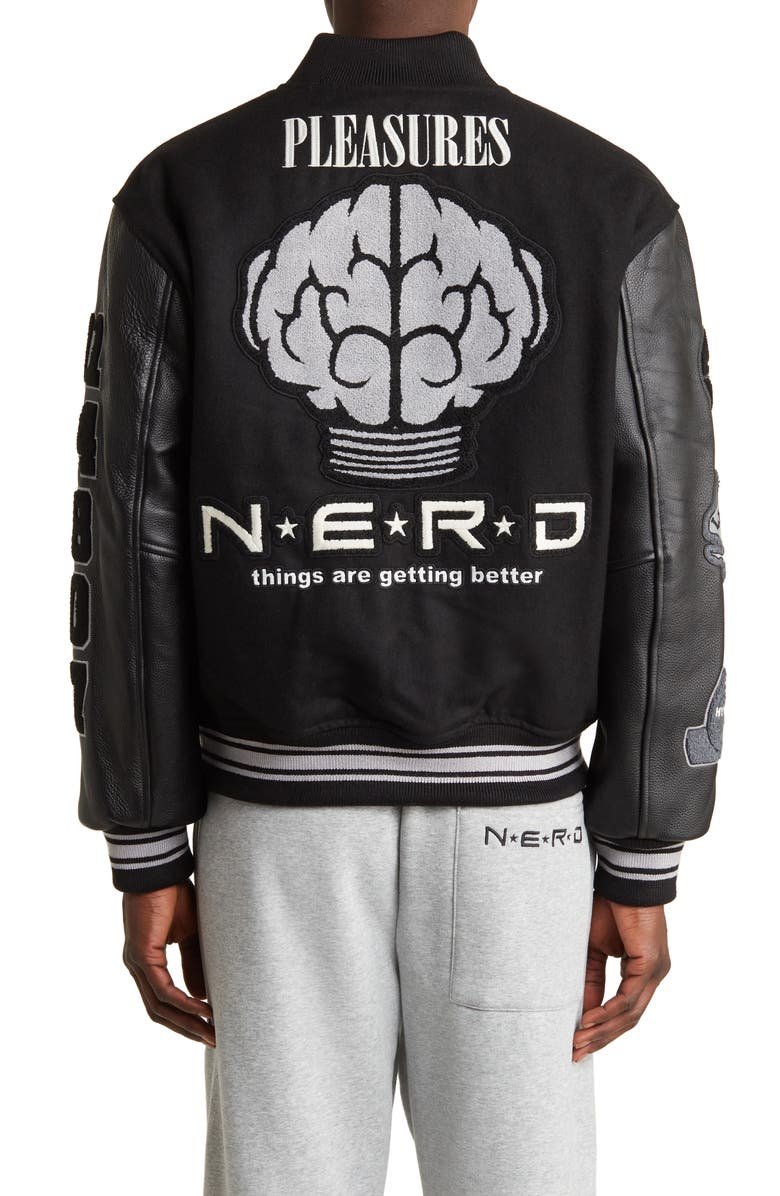 Pleasures Nerd Black Wool & Leather Varsity Jacket Clanton Jacket
