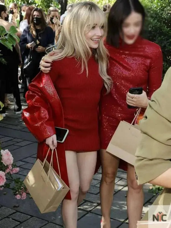 Sabrina Carpenter NYFW Red Leather Coat Clanton Jacket