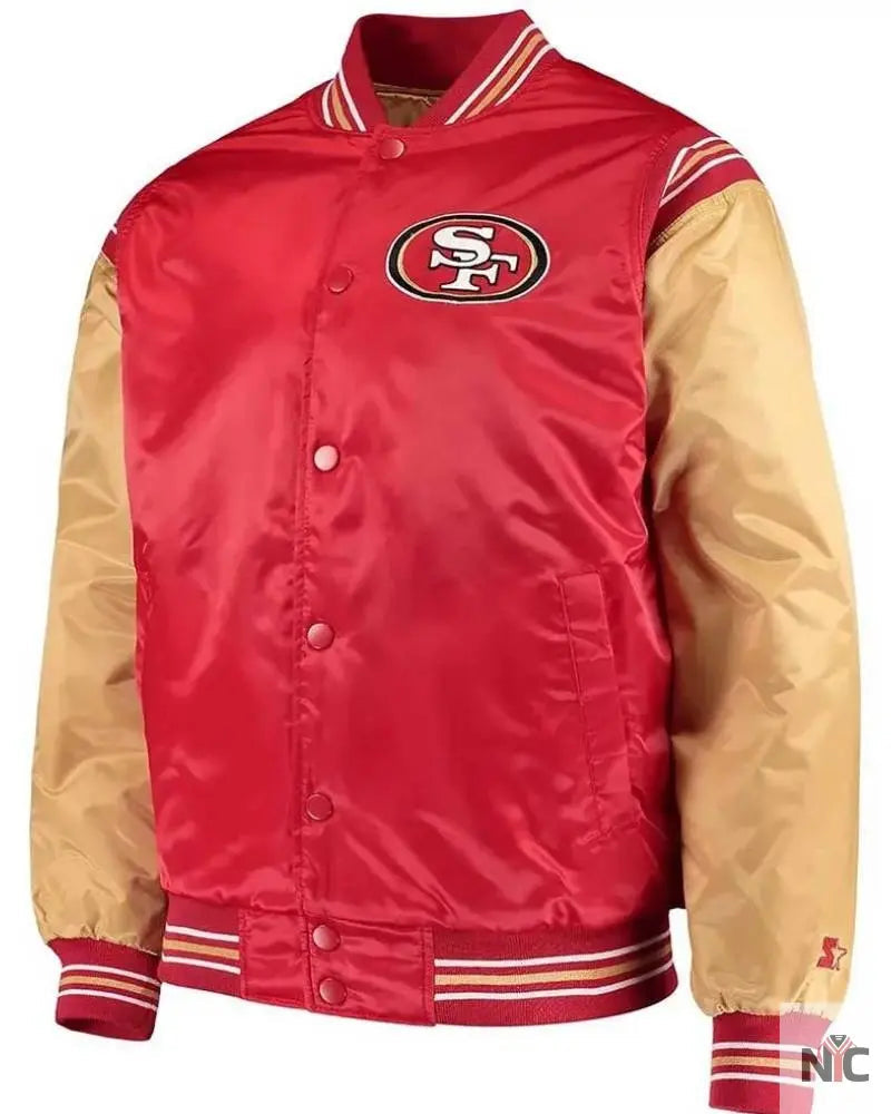 San Francisco 49ers Enforcer Scarlet And Gold Varsity Jacket Clanton Jacket