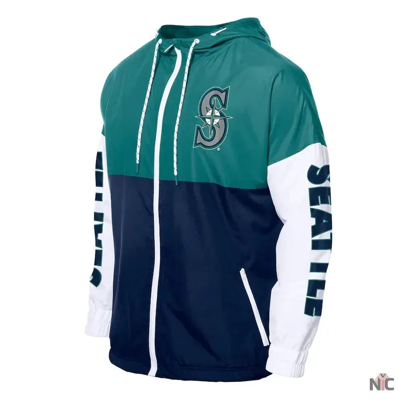 Seattle Mariners Color Block Navy/Aqua Hoodie Windbreaker Clanton Jacket