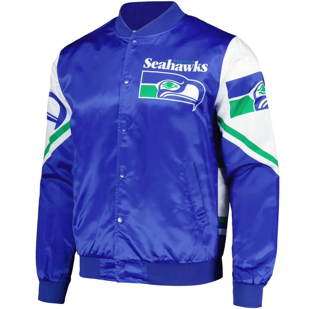 Seattle Seahawks Blue and White Satin Varsity Jacket