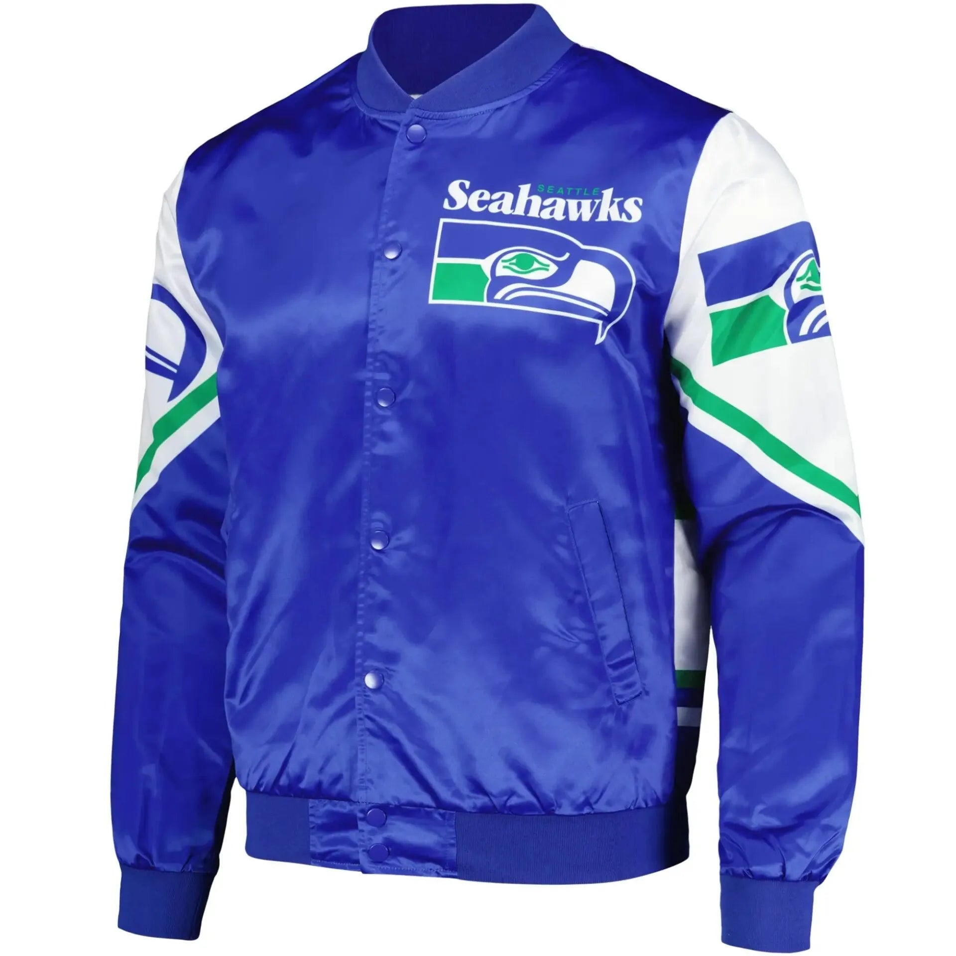 Seattle Seahawks Blue and White Satin Varsity Jacket