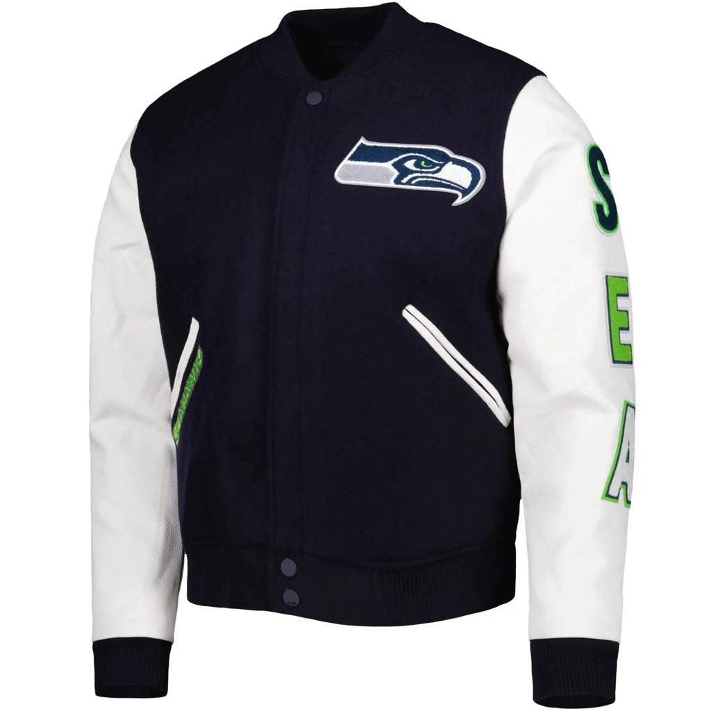 Seattle Seahawks Logo Navy and White Varsity Jacket