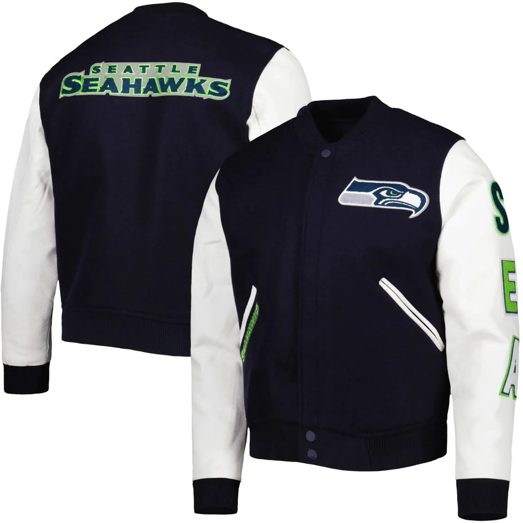 Seattle Seahawks Logo Navy and White Varsity Jacket