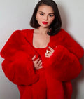 Selena Gomez London Event Red Fur Coat
