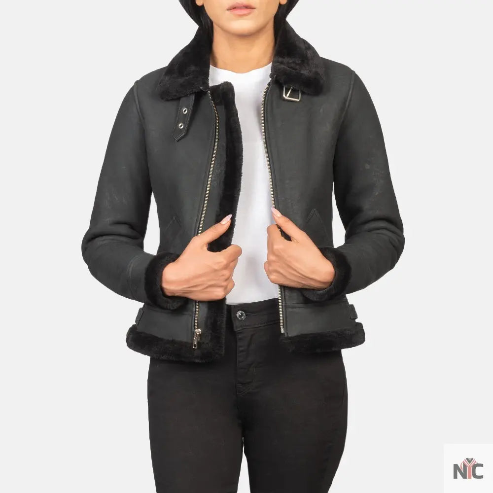 Sherilyn B-3 Distressed Black Leather Bomber Jacket Clanton Jacket