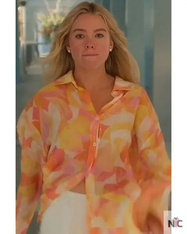 Sirens S01 Milly Alcock Orange Printed Shirt Clanton Jacket