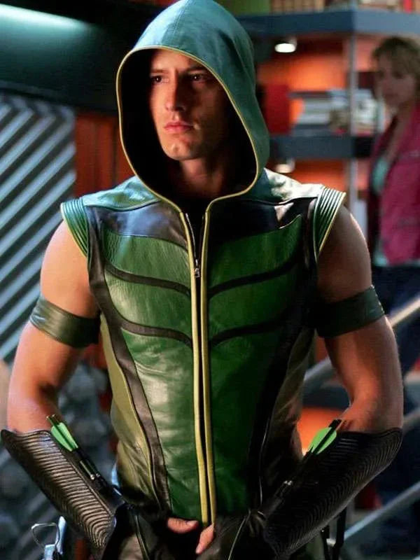 Justin Hartley Smallville Green Leather Vest Clanton Jacket