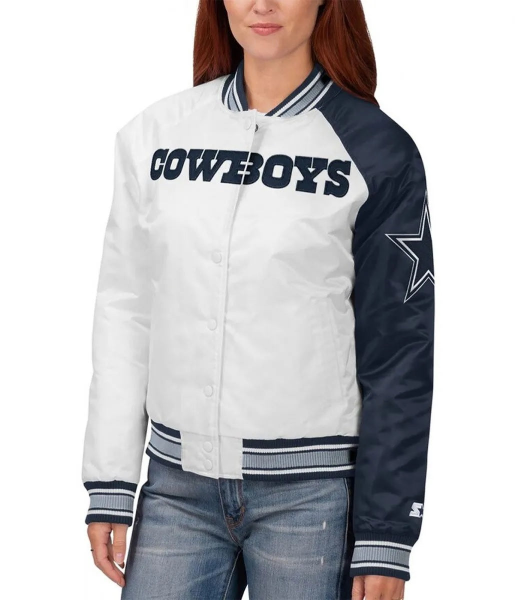 Starter Dallas Cowboys Endzone White and Blue Satin Jacket WorthVee