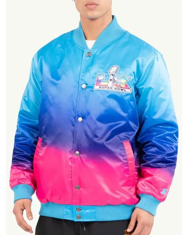 Super Bowl LX Pink Blue Satin Varsity Jacket