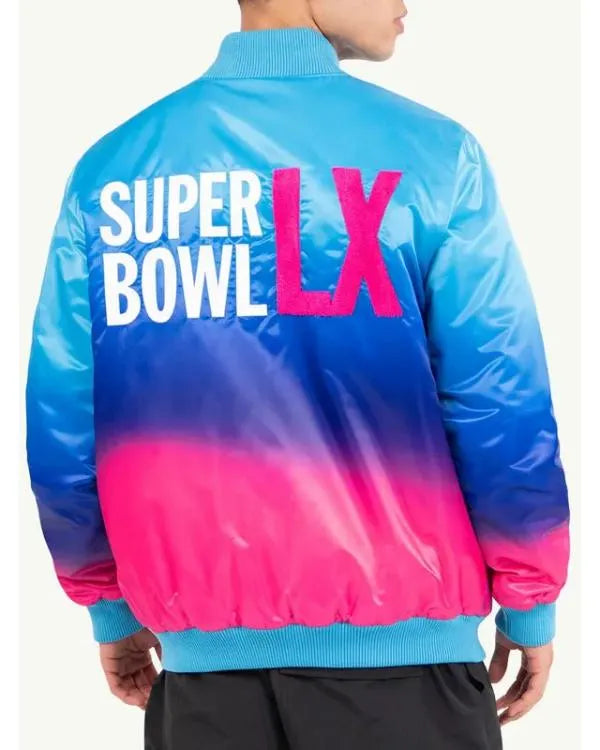 Super Bowl LX Pink Blue Satin Varsity Jacket