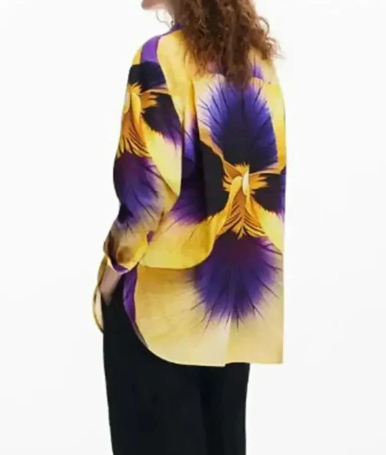 Great British Bake Off S16 Prue Leith Yellow & Purple Print Blouse USA Jackets