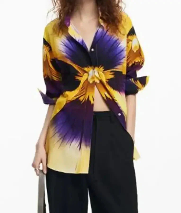Great British Bake Off S16 Prue Leith Yellow & Purple Print Blouse USA Jackets