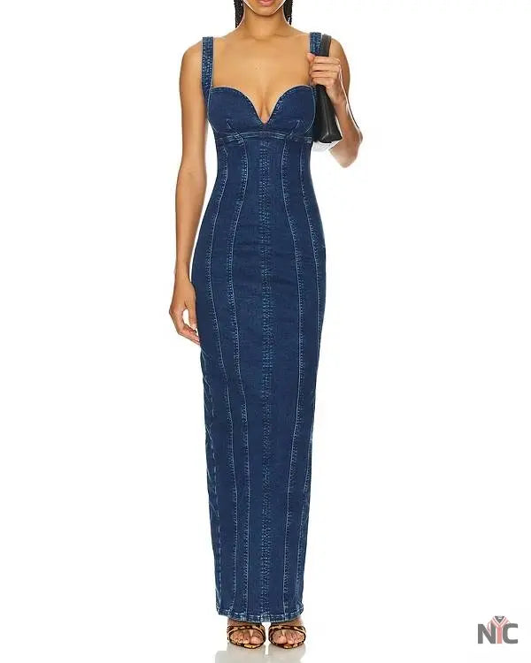 The McBee Dynasty Calah Jackson Blue Denim Maxi Dress Clanton Jacket