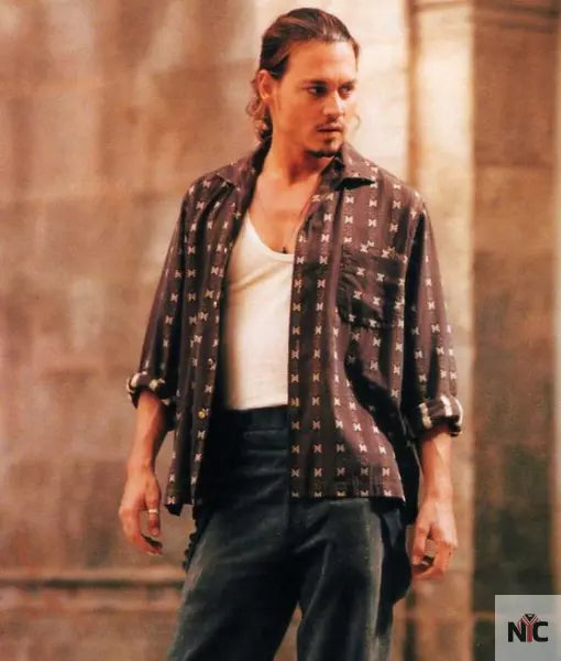 The Red­dish Shirt With White De­signs Worn by Roux (John­ny Depp) in Choco­lat Clanton Jacket