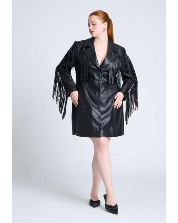 The Voice S28 Black Faux Leather Fringe Blazer Dress