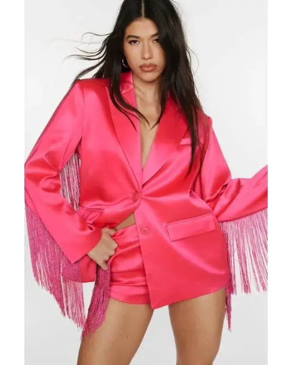 The Road S01 Britnee Kellogg Pink Satin Fringed Blazer WorthVee