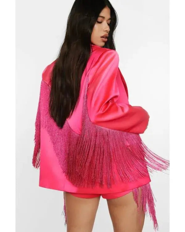The Road S01 Britnee Kellogg Pink Satin Fringed Blazer WorthVee