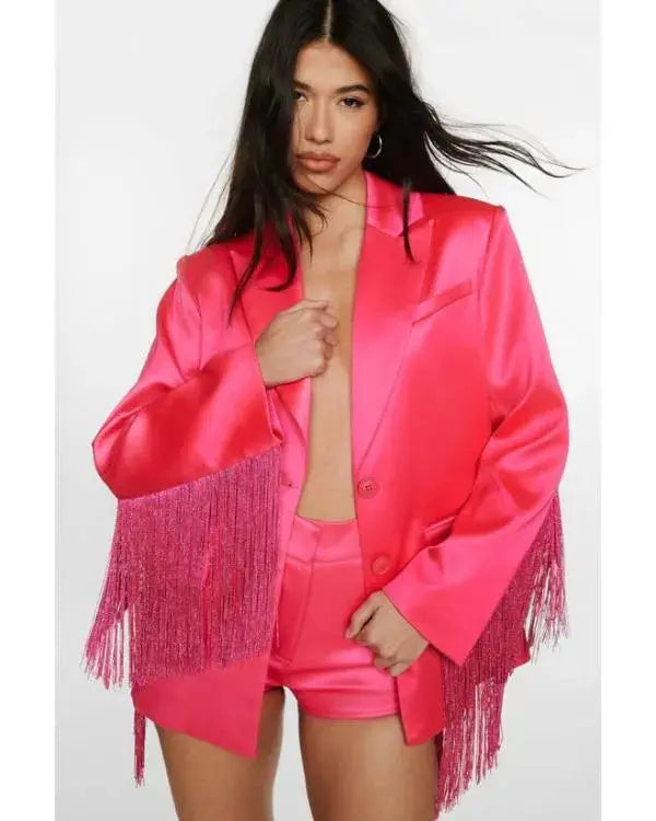 The Road S01 Britnee Kellogg Pink Satin Fringed Blazer WorthVee