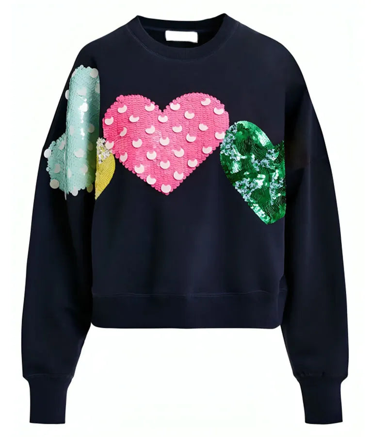 The Social 2025 Embellished Heart Navy Blue Sweatshirt