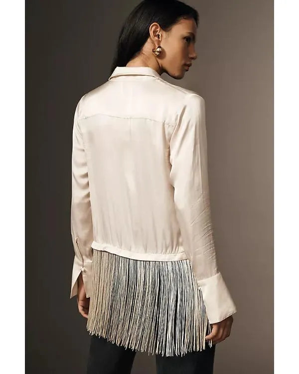 The Today Show 2025 Hoda Kotb White Satin Fringed Shirt