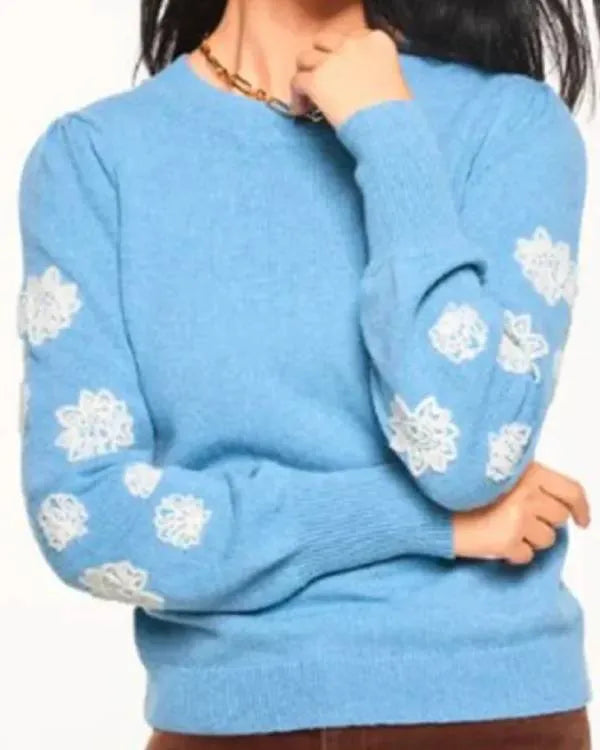 The Today Show Dylan Dreyer Blue Floral Embroidered Sleeve Sweater