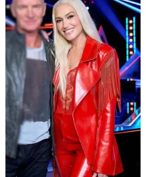 The Voice Gwen Stefani S26 Red Leather Fringe Blazer