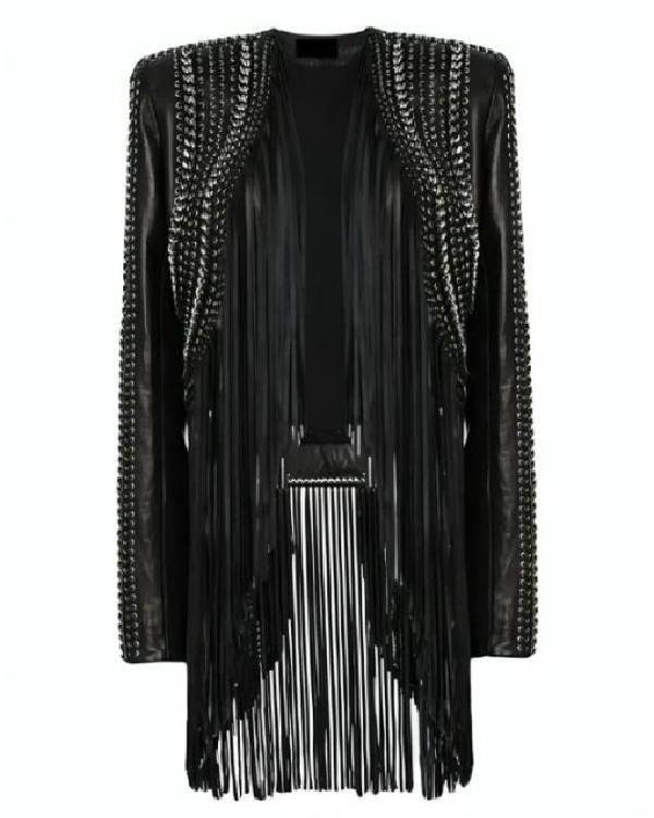 The Voice Reba McEntire Black Fringed Leather Jacket WorthVee