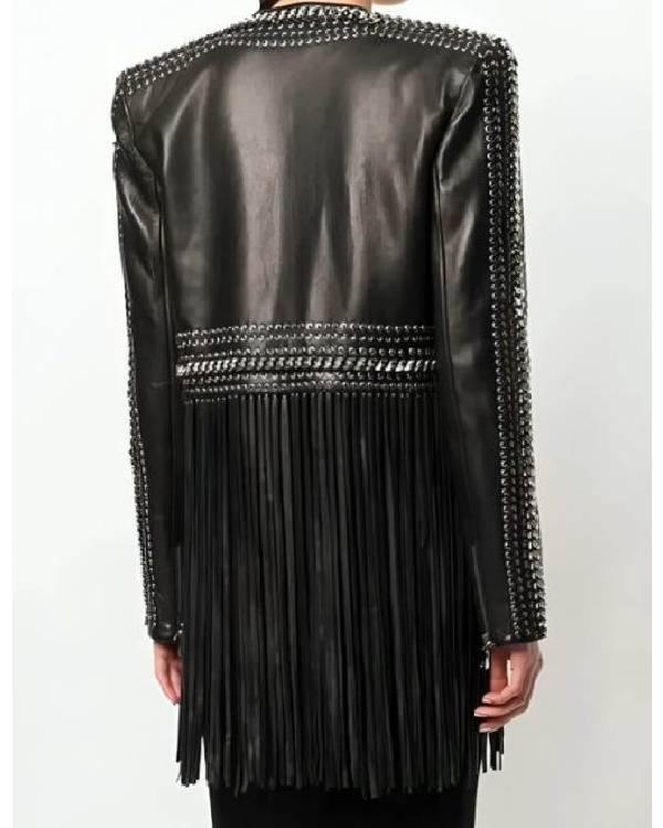 The Voice Reba McEntire Black Fringed Leather Jacket WorthVee