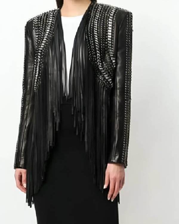 The Voice Reba McEntire Black Fringed Leather Jacket WorthVee