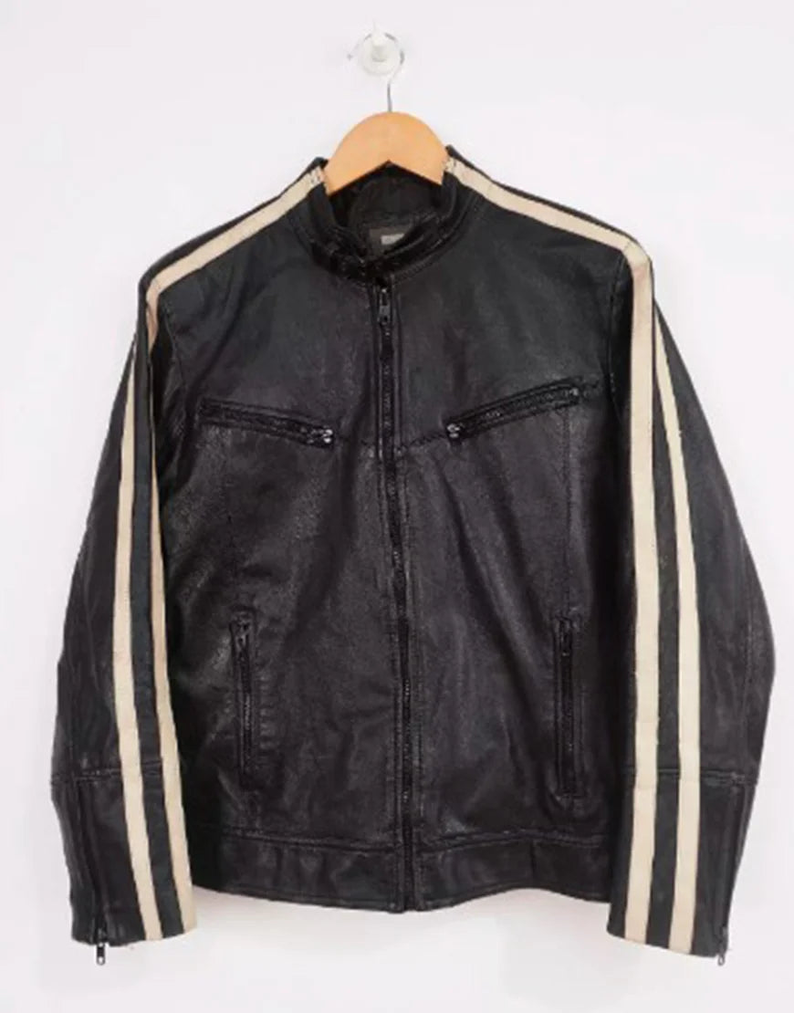 The Witness 2026 Jamie Bisping Striped Sleeve Leather Jacket WorthVee